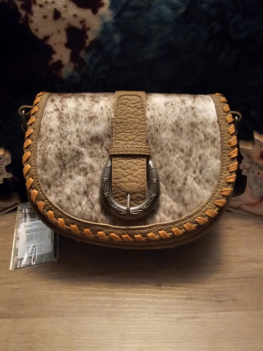 Trinity Ranch Leather Trim Saddle Crossbody Bag in Brown and Cream